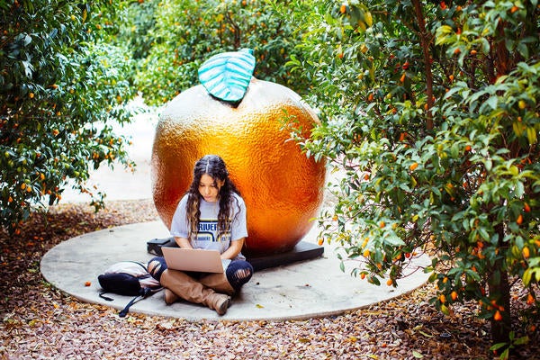 UCR student studying outside near CHASS courtyard