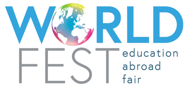 Blue and grey logo for Worldfest, the Education Abroad Fair at UC Riverside