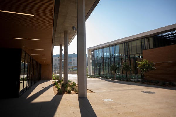 Dundee Residence Hall on the left is next to the Glasgow Dining on October 7, 2020 at UC Riverside. 