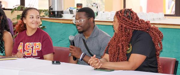 George in a question-and-answer session with leaders in Guyana.