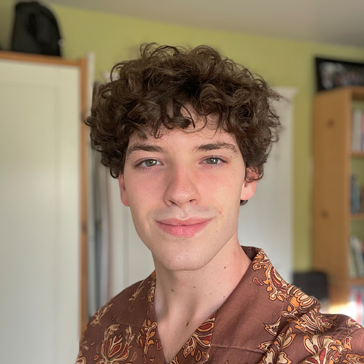Male, early 20s, short curly brown hair, wearing a light brown shirt