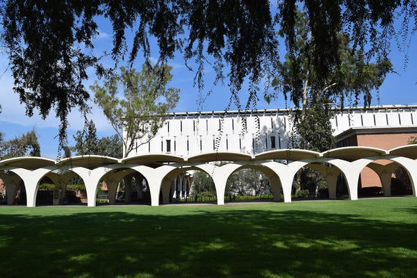 Rivera Library arches on UCR campus