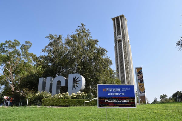 UCR letters, belltower, and welcome sign