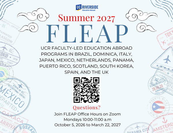 Summer 2027 FLEAP Programs in various countries: Brazil, Dominica, Italy, Japan, Mexico, Netherlands, Panama, Puerto Rico, Scotland, South Korea, Spain, and the UK. There is a QR code that leads back to this page, and there is also text that says there are FLEAP office hours on Zoom most Mondays, 10:00-11:00 a.m. between October 5, 2026 and March 22, 2027.