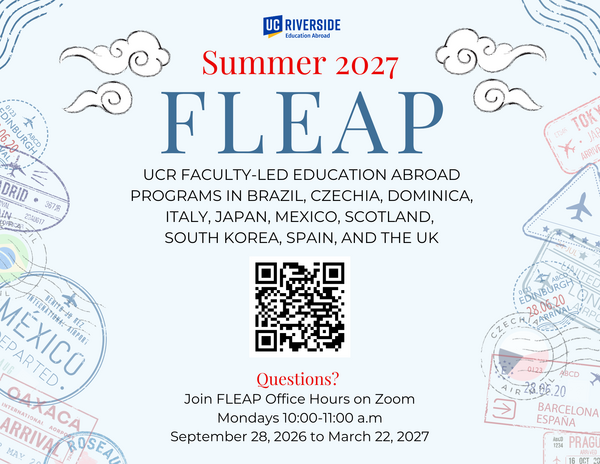 Summer 2027 FLEAP - meaning Faculty-Led Education Abroad Programs - in Brazil, Czechia, Dominica, Italy, Japan, Mexico, Scotland, South Korea, Spain, and the UK. Photo has a QR code for this webpage, and multiple decorative travel stamps like the ones you see in a passport.