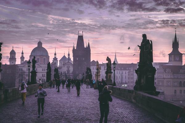 Dusk view of the Charles bridge in Prague, Czechia