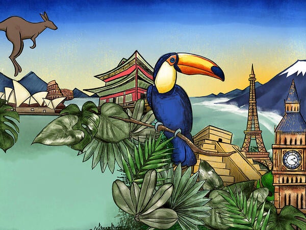 illustration of icons from world cultures - kangaroo, tucan, pagoda, pyramid, Eiffel Tower, Big Ben