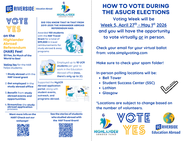 Flyer promoting Highlander Abroad Referendum (HAR) fee.