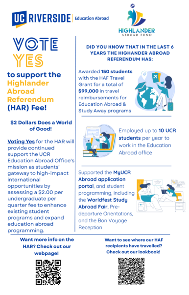 Flyer promoting Highlander Abroad Referendum (HAR) fee.